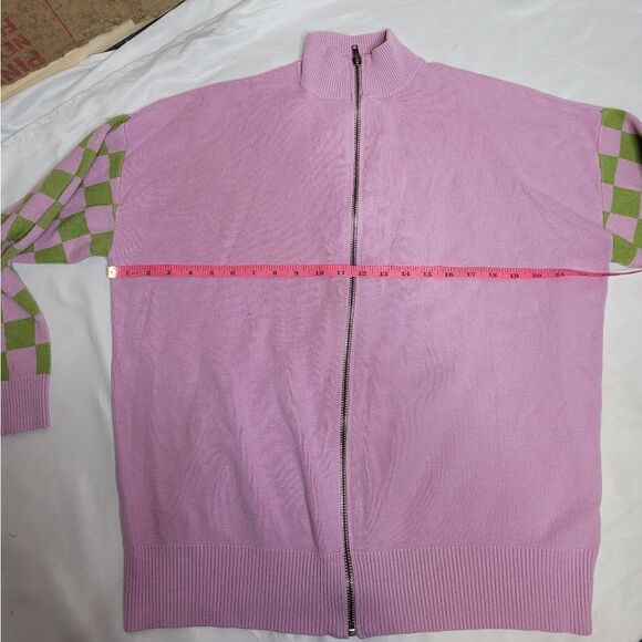 KAWAII pink and green checkered oversized‎ zip up cardigan sweater M - Picture 6 of 7